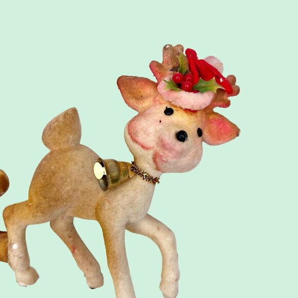 ADORABLE VINTAGE LOT OF 4 CHRISTMAS TREE ORNAMENTS FLOCKED REINDEER & BEAR - Picture 2 of 7